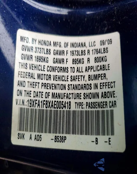 2010 Honda Civic Ex z USA, uszkodzony, nr VIN 19XFA1F8XAE005418